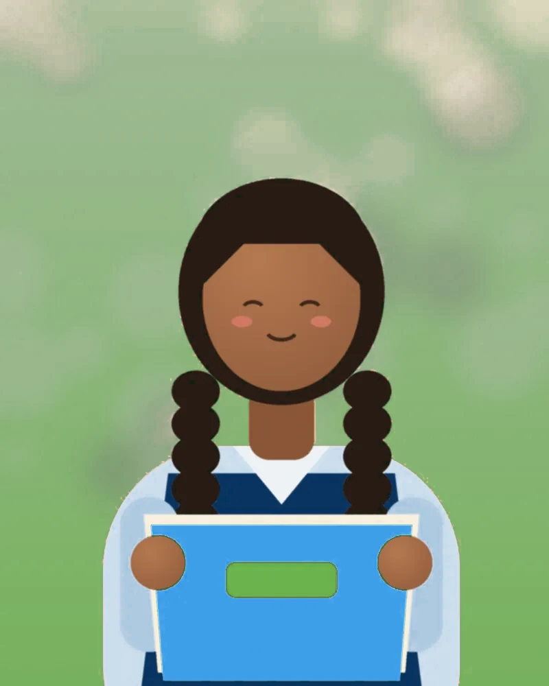 A schoolgirl in uniform reading a storybook, smiling as she follows the text