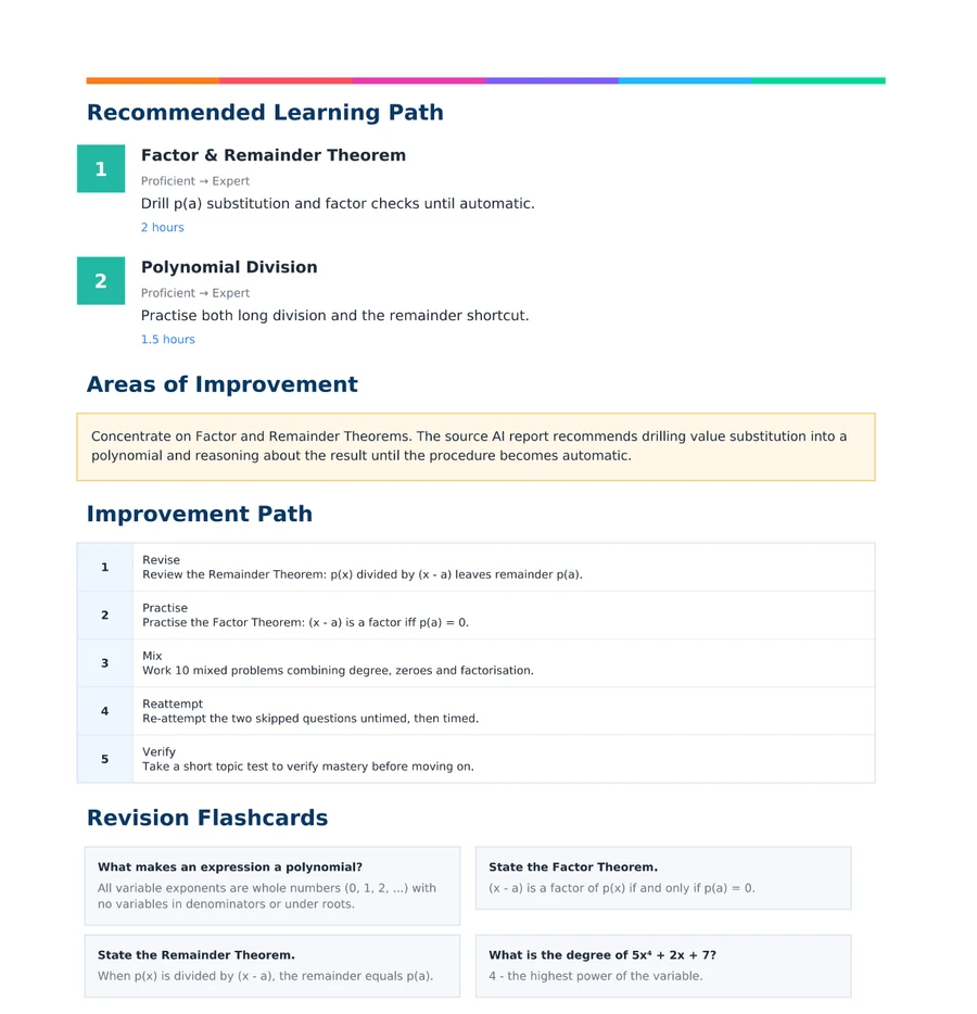 Report page showing the recommended learning path, improvement plan and revision flashcards