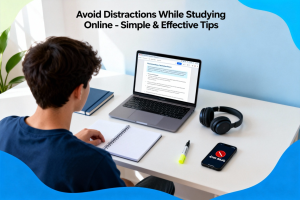 student using a clean study desk to avoid distractions during online study
