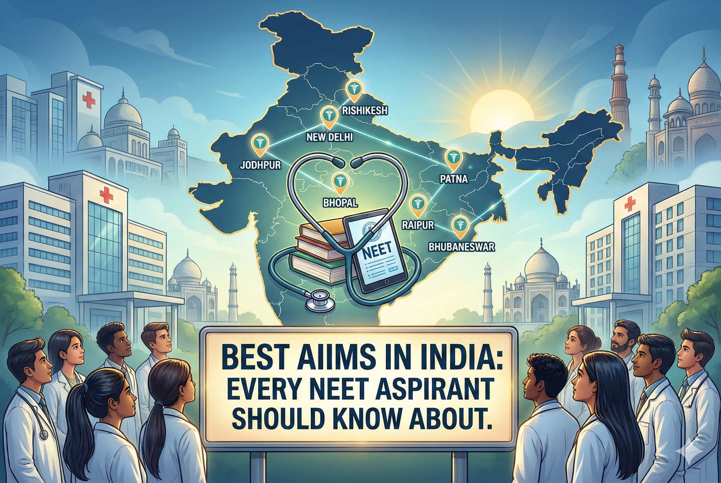 A professional blog post featured image illustrating the 'Best AIIMS in India.' The visual features an artistic representation of the iconic AIIMS New Delhi campus building, accompanied by medical symbols like a stethoscope and textbooks to inspire NEET aspirants.