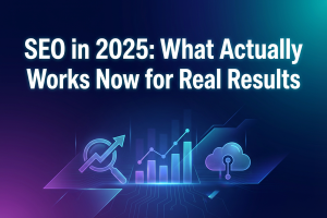 Illustration showing SEO in 2025 with AI-powered search, intent-based strategies, authority building, and modern ranking factors.