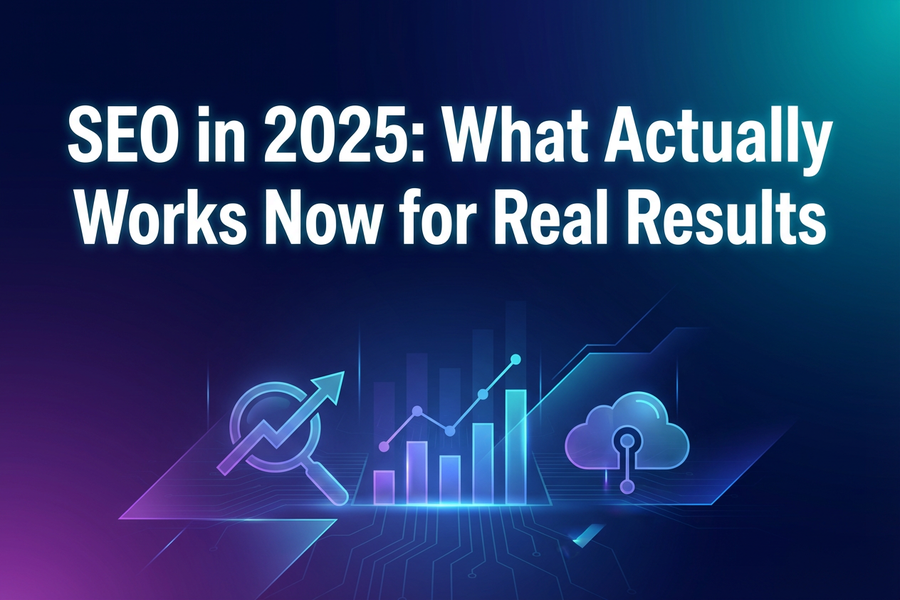 Illustration showing SEO in 2025 with AI-powered search, intent-based strategies, authority building, and modern ranking factors.