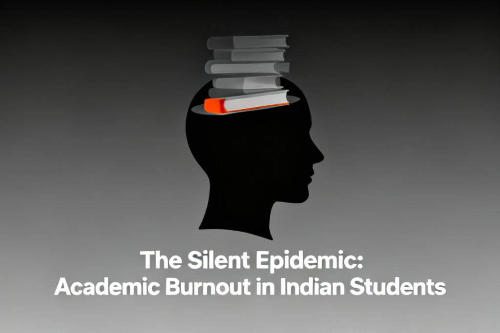 Student experiencing academic burnout with books and notes on the desk.