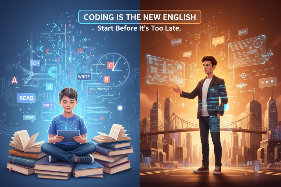 Coding is the new English concept illustration