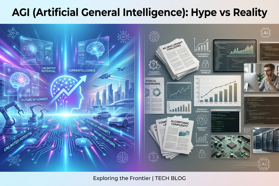 Illustration of Artificial General Intelligence concept showing human brain and AI network connection for AGI Hype vs Reality blog.
