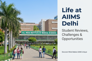 AIIMS Delhi campus building with students walking and studying