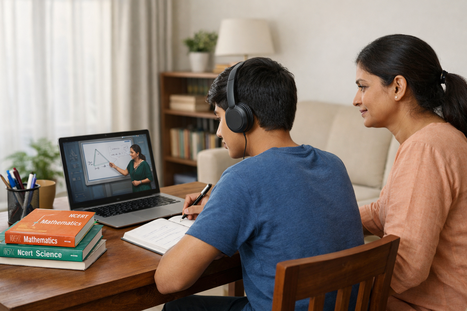 Indian CBSE Class 10 student attending an online class on a laptop at home, with a parent observing and NCERT books placed on the study desk