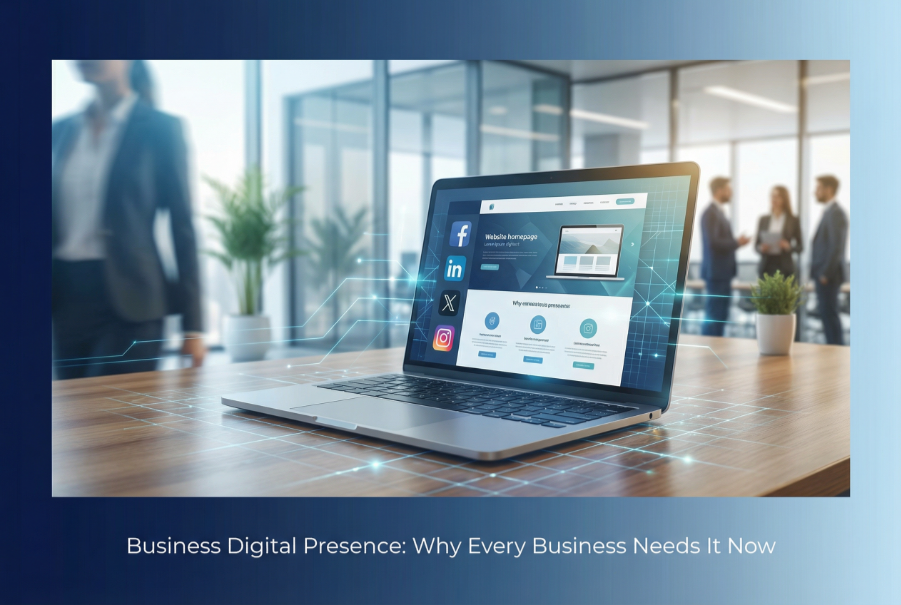 Business digital presence concept with laptop and marketing icons