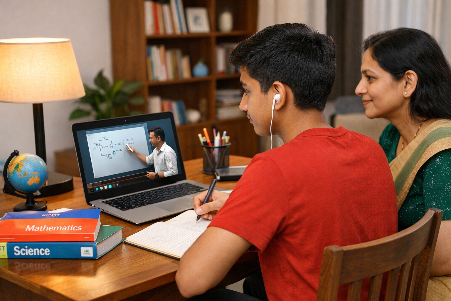 Indian student attending online class with parent support, choosing the best edtech company in India for boards, JEE and NEET preparation