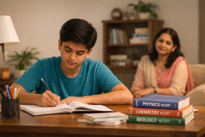 Indian NEET student studying with NCERT books at home while parent supports preparation for can i get 720 in neet in 1 year