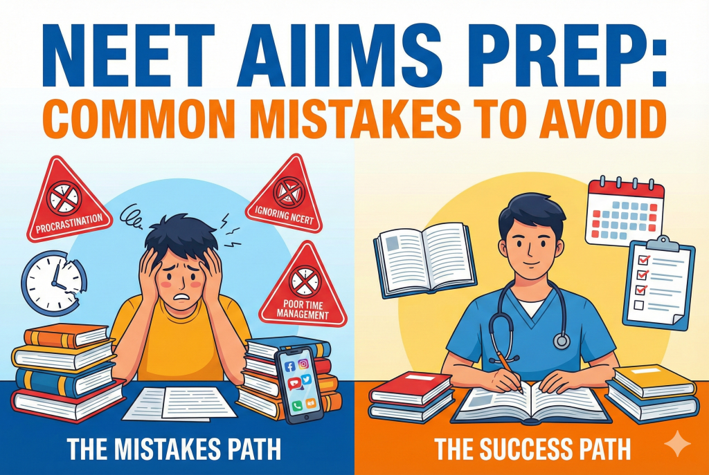 Student preparing for NEET AIIMS exam with books and notes on study desk.