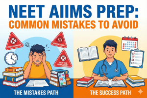 Student preparing for NEET AIIMS exam with books and notes on study desk.