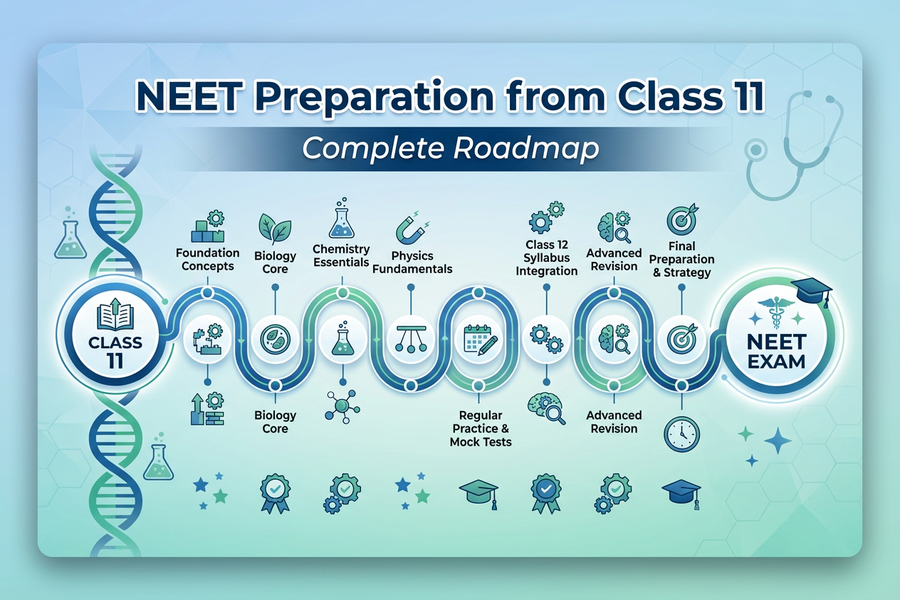 Student starting NEET preparation from Class 11 with books and study plan on desk