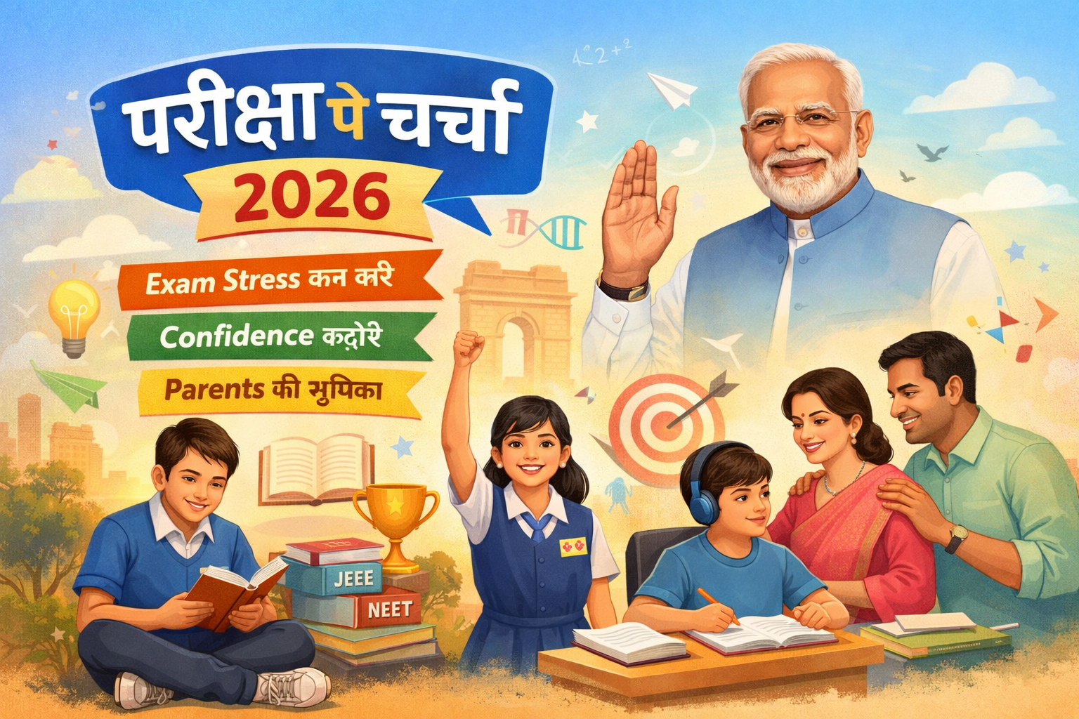 परीक्षा पे चर्चा 2026 में छात्रों, अभिभावकों और शिक्षकों के लिए exam stress कम करने, confidence बढ़ाने और सही exam mindset पर मार्गदर्शन दर्शाती illustration