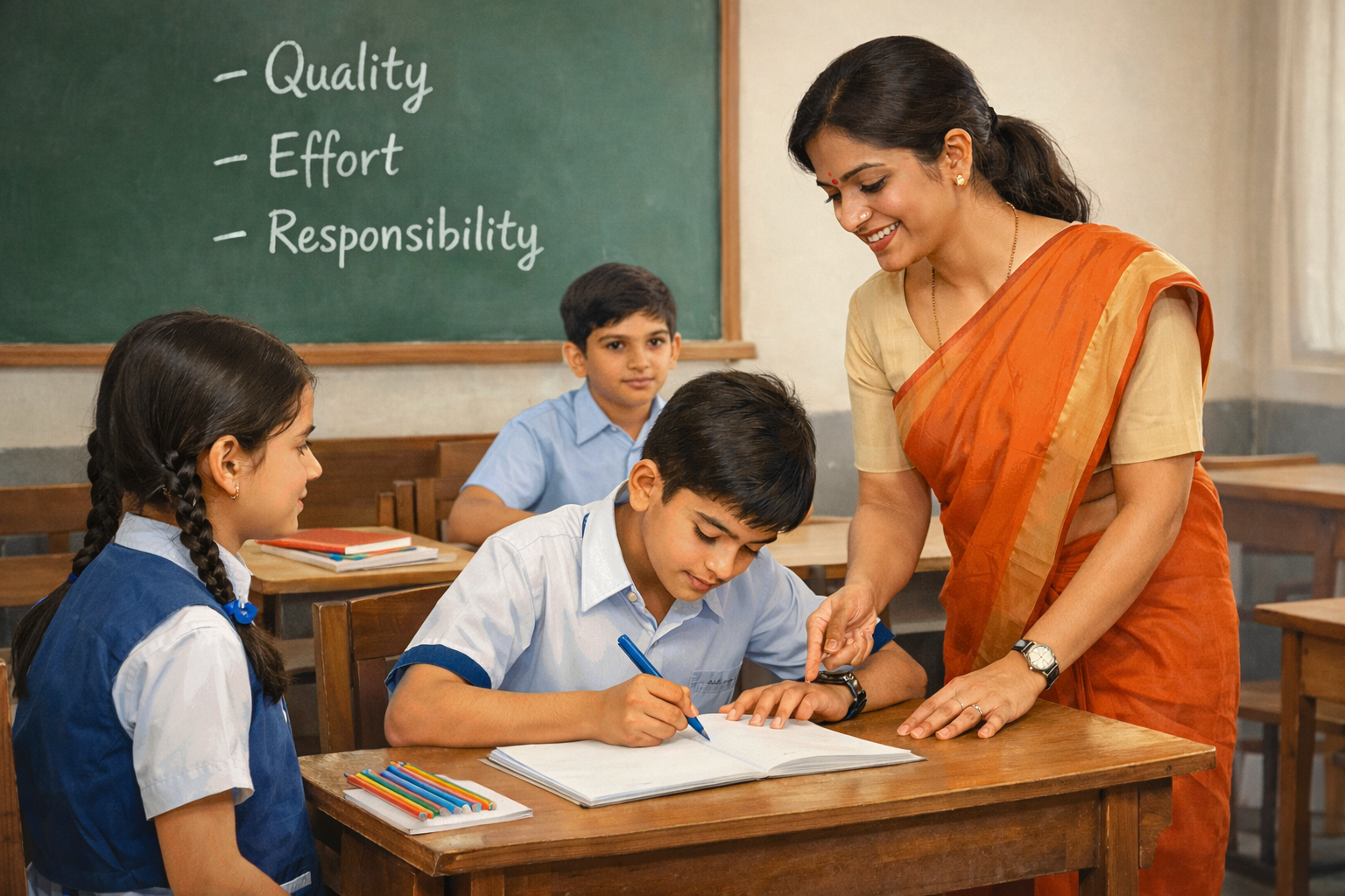 Students learning to write a quality slogan in English and Hindi during a school classroom activity