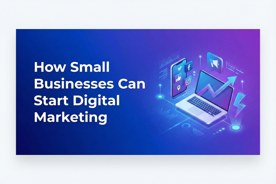 Small business owner learning how small businesses can start digital marketing using online tools.