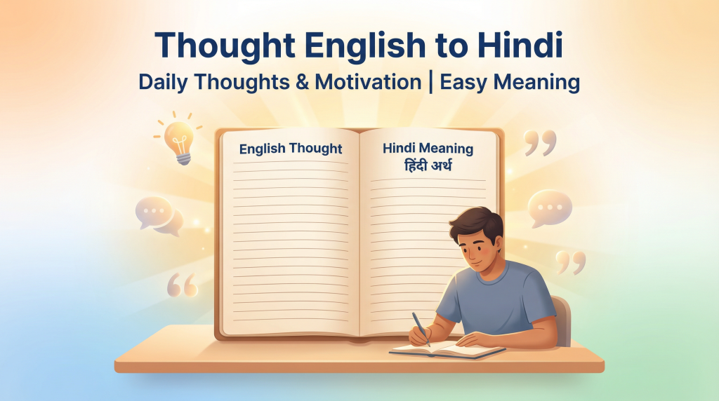 Thought English to Hindi translation showing an English motivational thought with its Hindi meaning in a notebook, representing daily positive thoughts and easy bilingual learning.