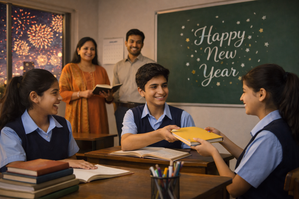 Happy New Year wishes quotes messages for students and teachers in an Indian classroom