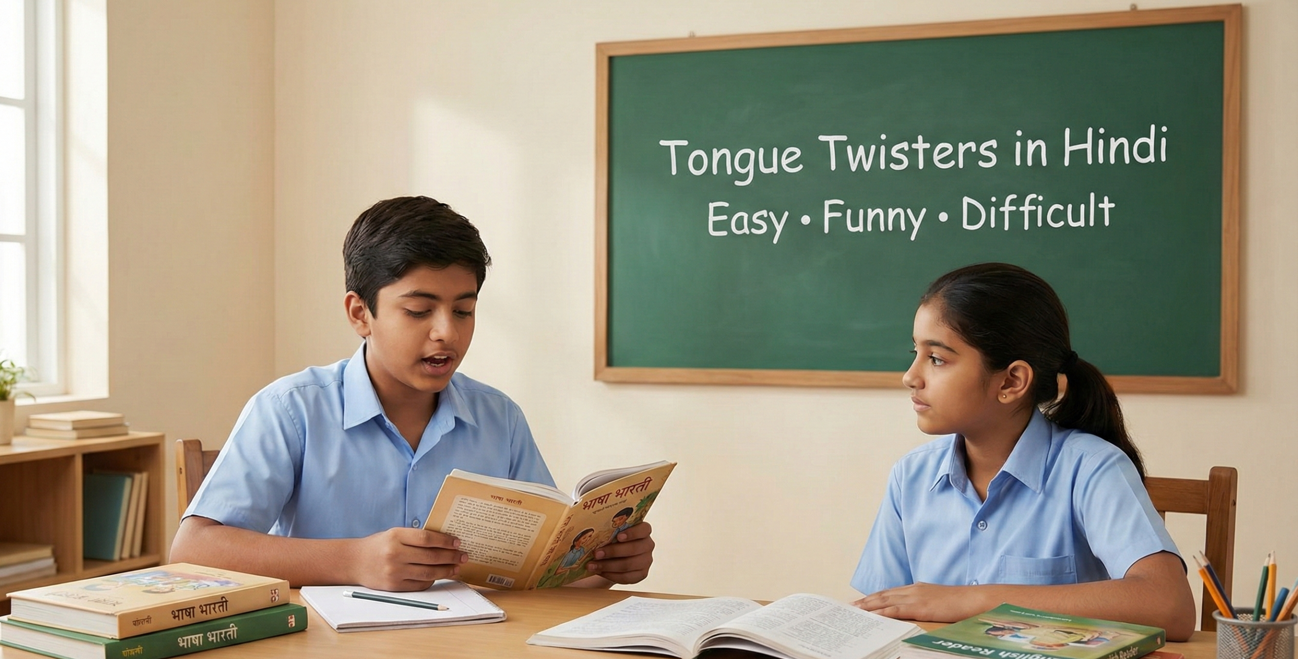 School students reading Hindi text aloud to practise tongue twisters and improve speaking skills