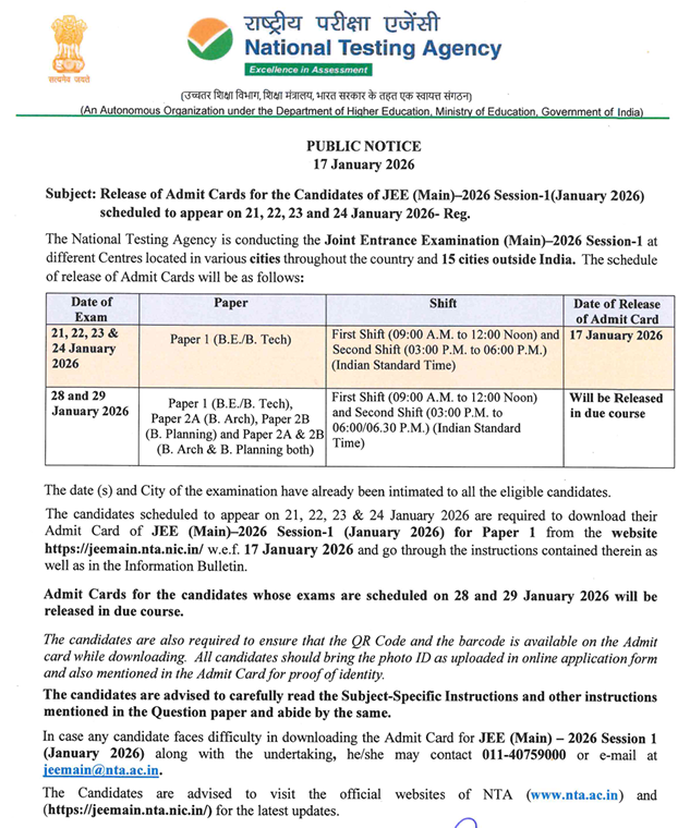 JEE Main 2026 Admit Card Download Link (Active)