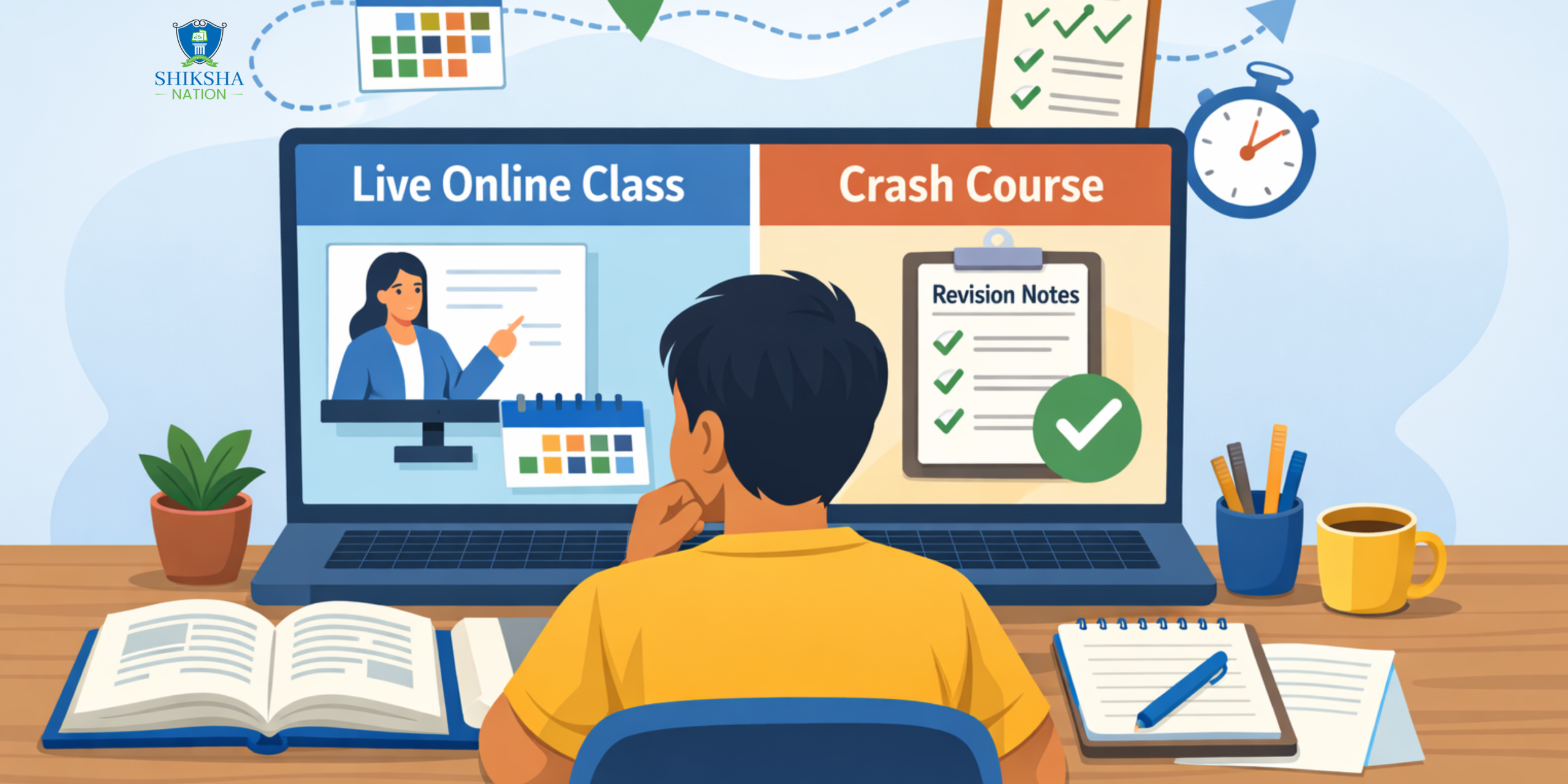 Indian NEET aspirant choosing between live online coaching and crash course preparation for NEET 2026 on a laptop