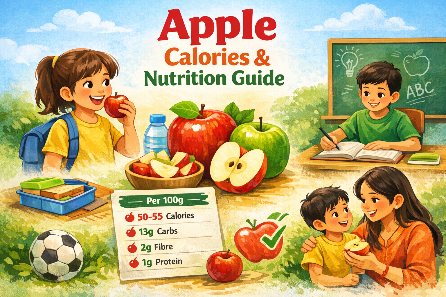 Illustration showing apple calories, nutrition per 100g, and healthy snacking for school-going children and students.