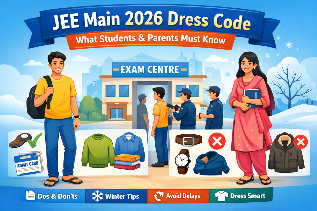 Illustration showing students following JEE Main 2026 dress code at an exam centre entrance