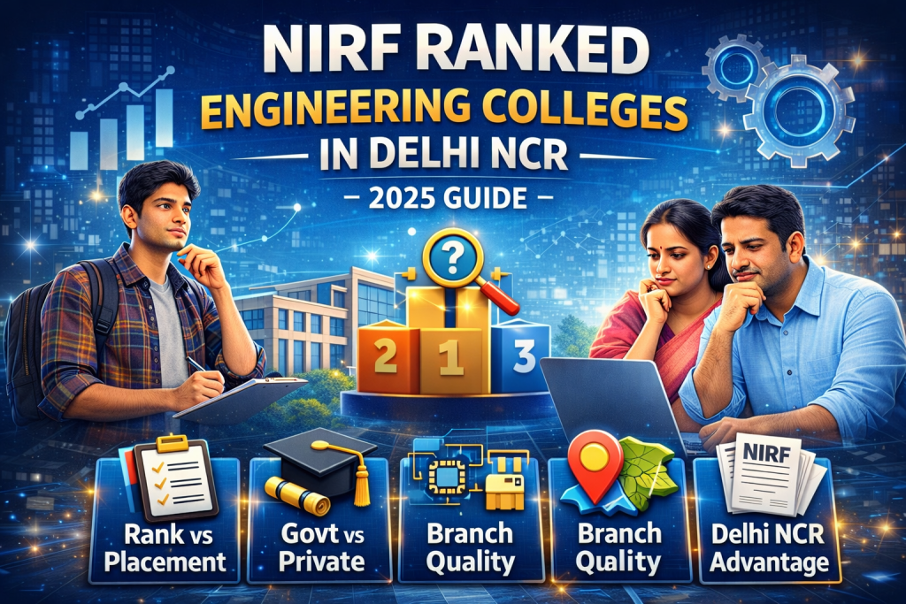 NIRF ranked engineering colleges in Delhi NCR based on 2025 ranking showing rank vs placement, branch quality, government vs private colleges, and Delhi NCR advantage
