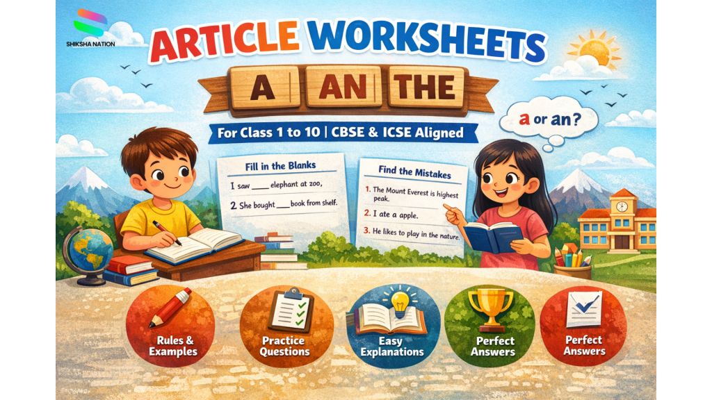 Illustration of students practising English article worksheet using a, an, and the for Classes 1 to 10