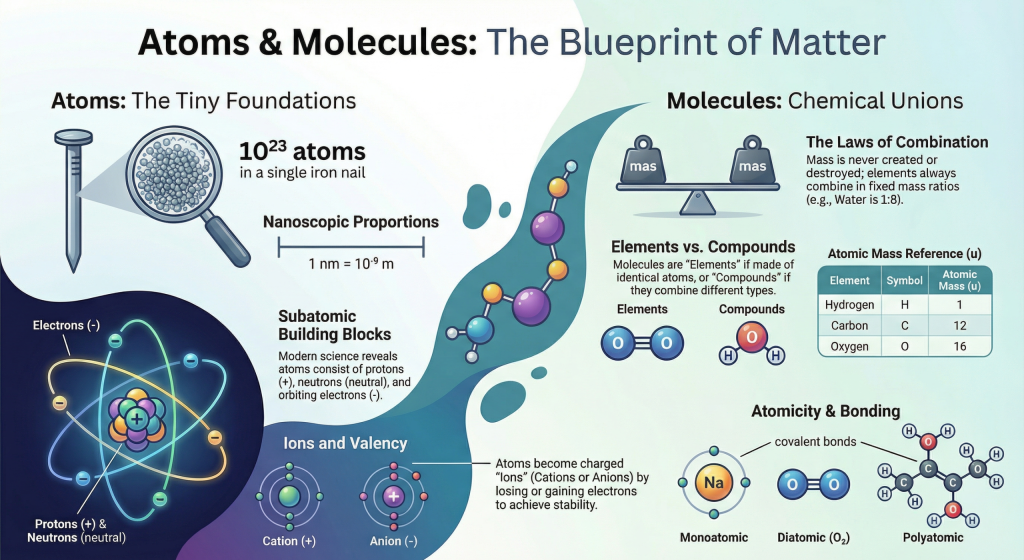 Diagram showing atoms and molecules, including atomic structure, subatomic particles, bonding, and examples of elements and compounds.