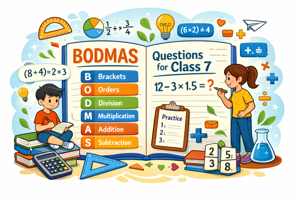 BODMAS questions for Class 7 explained with a step-by-step order of operations using a student-friendly maths illustration