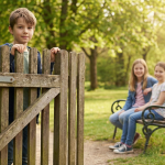 Image showing a boy standing at a gate and a girl sitting near her friend for Class 3 preposition worksheet