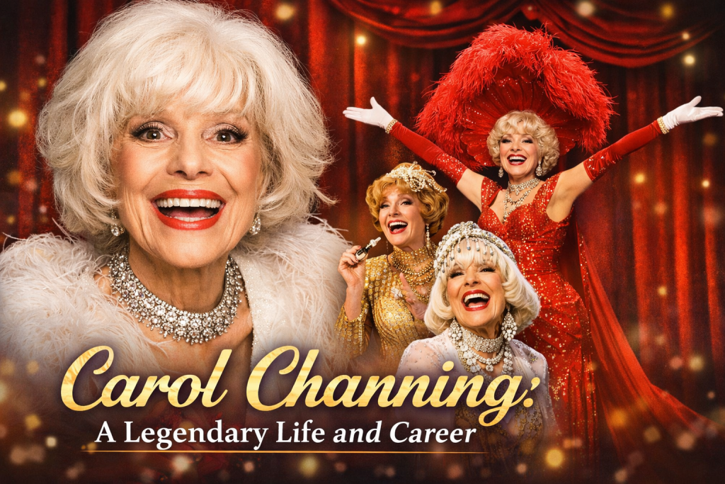 Portrait collage of Carol Channing highlighting her Broadway performances and iconic stage roles