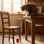 Image showing a cat sitting on a table and a ball placed under the table for Class 3 preposition worksheet
