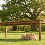 Image showing a dog sleeping under a table and a bird flying over a tree for Class 3 preposition worksheet