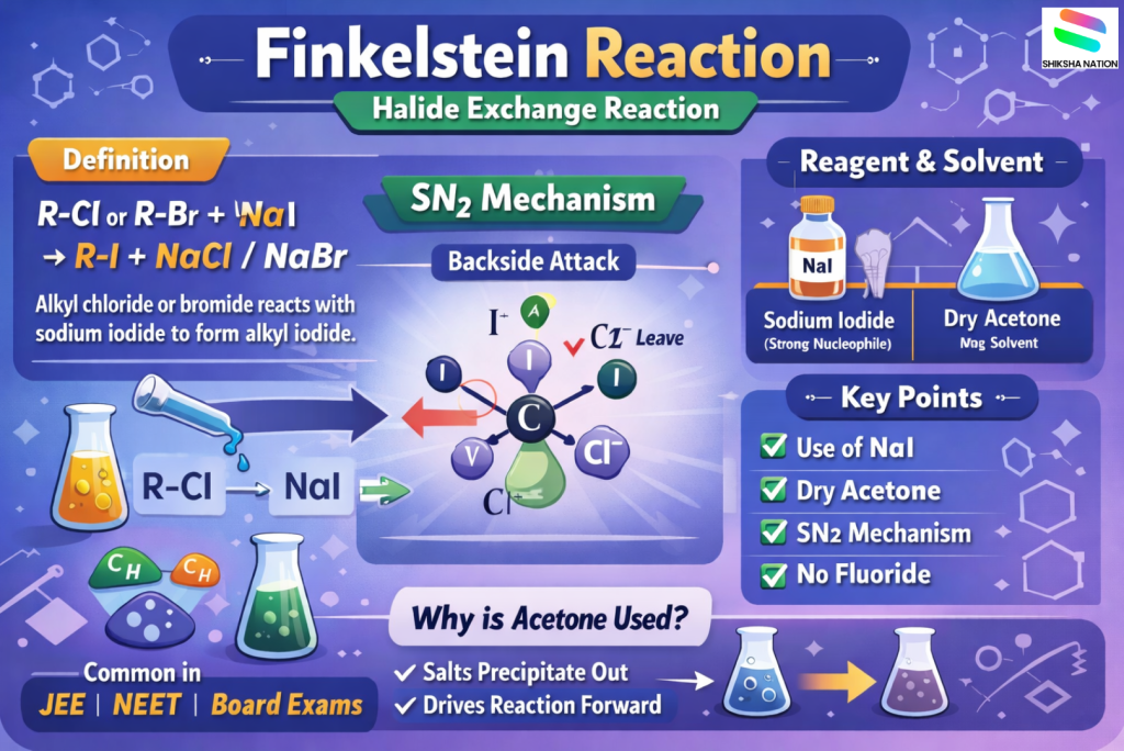 Vector infographic showing Finkelstein reaction where alkyl chloride or bromide reacts with sodium iodide in dry acetone to form alkyl iodide