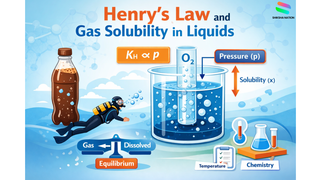 Vector illustration explaining Henry’s Law showing gas solubility in liquids with pressure, equilibrium, oxygen bubbling in water, carbonated drink, and deep-sea diving.