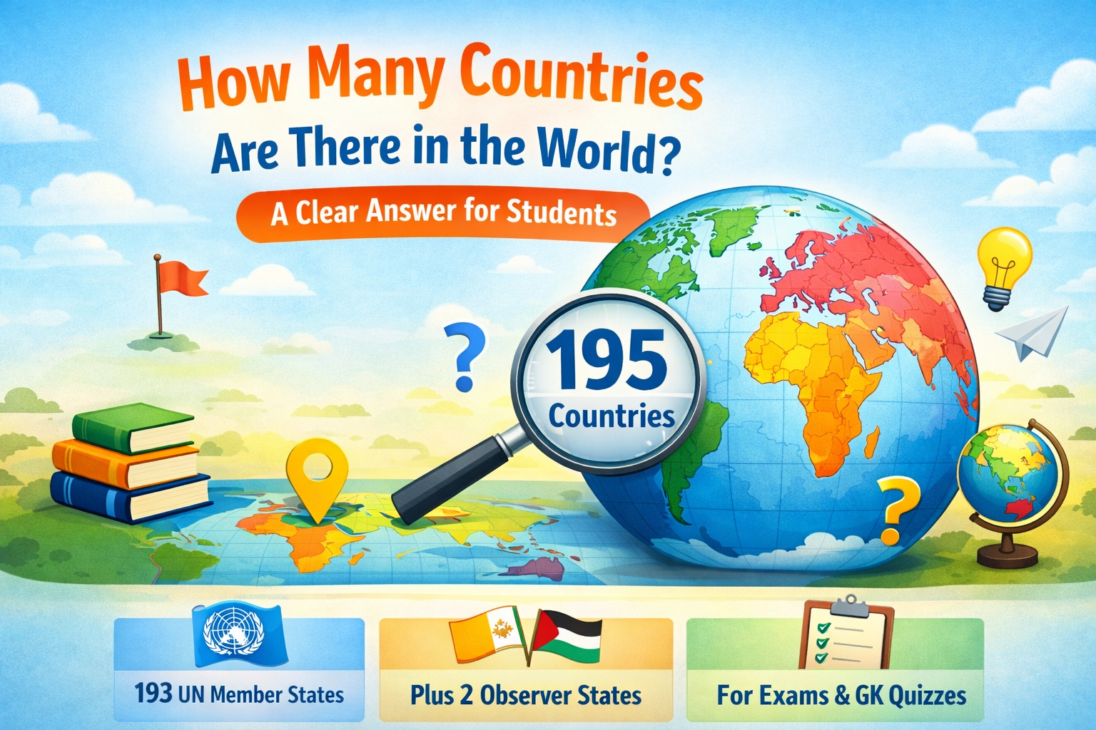 Illustration showing how many countries are there in the world in 2025 with a globe and exam-focused explanation