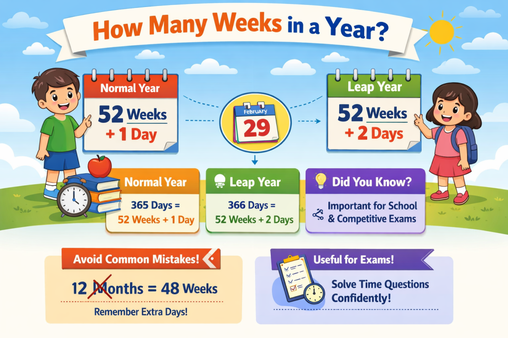 Visual explanation of how many weeks in a year, showing 52 weeks with extra days in normal and leap years for school maths