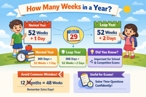 Visual explanation of how many weeks in a year, showing 52 weeks with extra days in normal and leap years for school maths