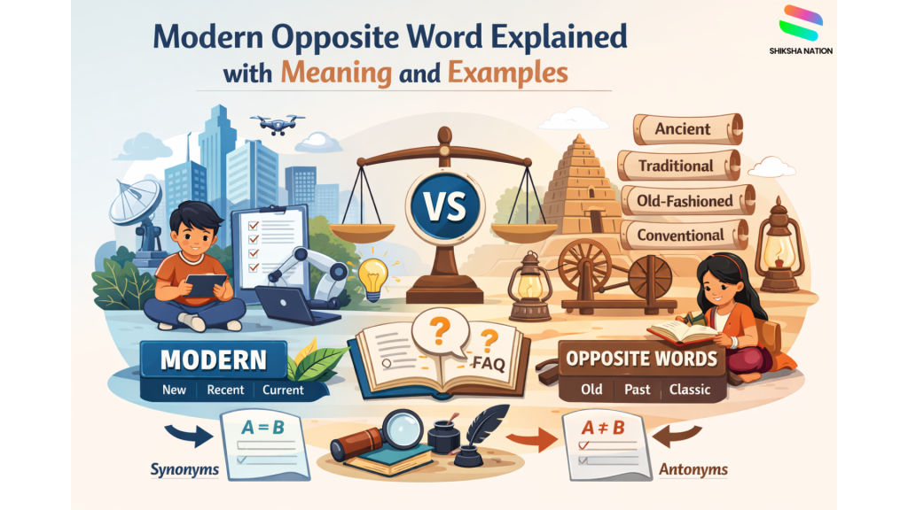 Modern and ancient comparison showing present-day technology and old historical objects for English grammar learning