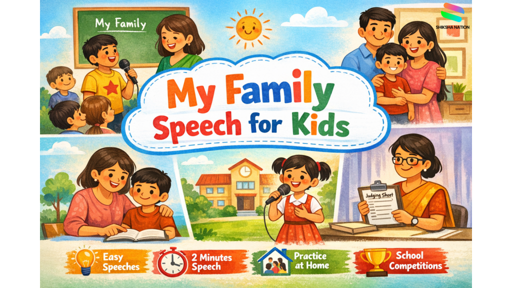 Child giving a my family speech in English at school with family and teacher illustrations for primary students