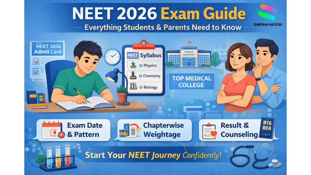 Illustration showing NEET 2026 exam preparation with student studying, parents, syllabus, exam date, chapter-wise weightage and counselling information