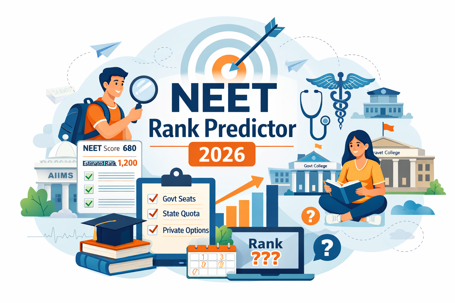 Vector illustration showing NEET rank predictor 2026 with marks vs rank and medical college options