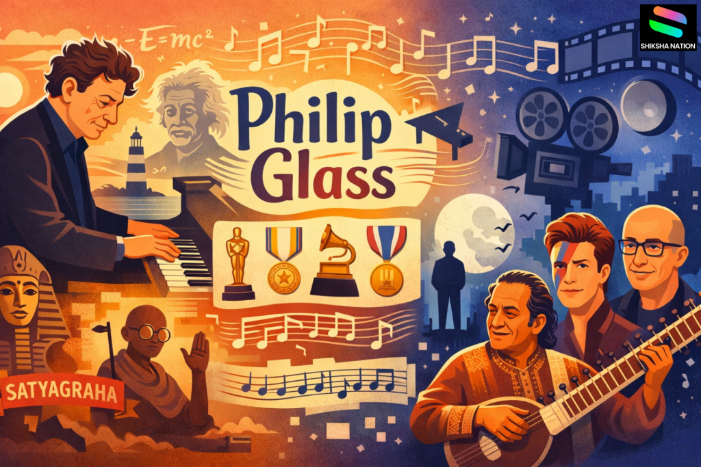 Illustrated portrait of Philip Glass showing his role as an American minimalist composer, featuring piano, operas, film music, and famous collaborations