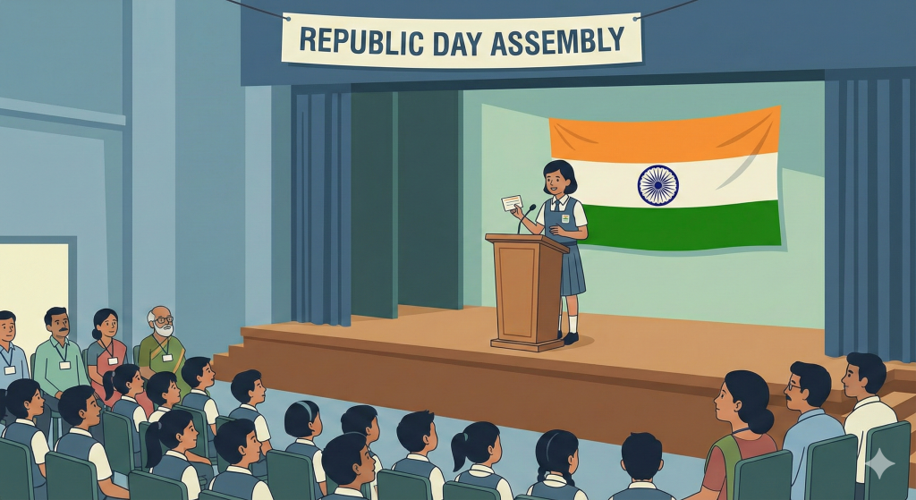 Student delivering a Republic Day speech in English 2026 during a school assembly in India