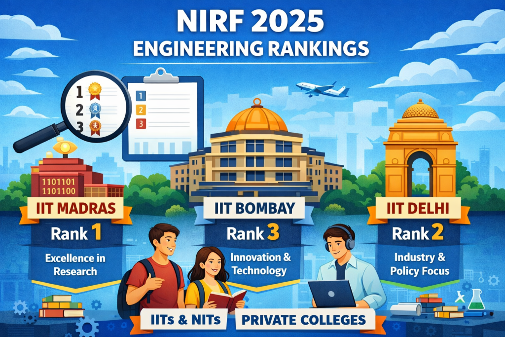 Top 50 engineering colleges in India as per NIRF 2025 showing IIT Madras, IIT Delhi, and IIT Bombay rankings