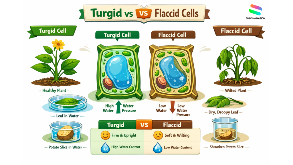 Diagram showing turgid and flaccid plant cells with water pressure difference in biology