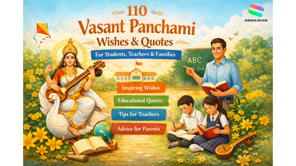 Vasant Panchami illustration showing Goddess Saraswati, students studying, and a teacher, highlighting education, learning, and school celebration.