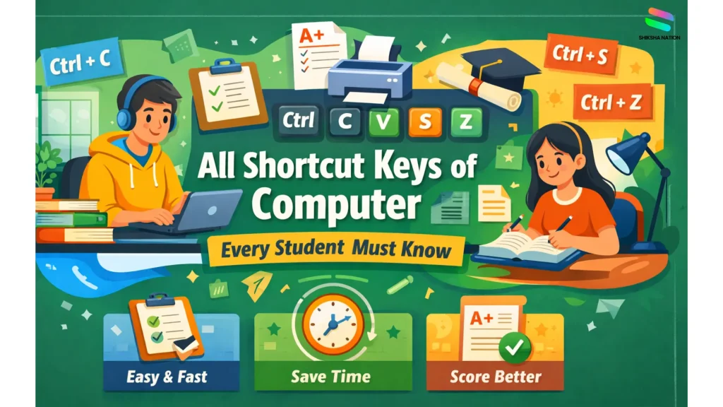 Illustration showing students learning all shortcut keys of computer for school exams and practicals